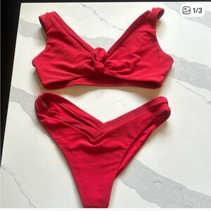 Frankie's Bikinis Red Ribbed Bikini Set